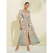 abordables Robes de fête-Robe longue en satin vert à fleurs, col en V, manches bouffantes, pour invités de fête/mariage, pour impressionner 2024
