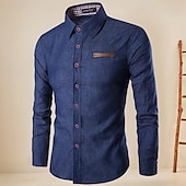 preiswerte Business Casual-Herren Hemd leinenhemd Hemd aus Baumwollleinen Sommerhemd Strandhemd Knopfhemd Glatt Hawaiianisch Festtage Blau Dunkelblau Langarm Kargen Frühling &amp; Herbst Bekleidung Spleißen