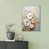billiga Blom- och växtmålningar-handmålad texturerat guld blomma oljemålning väggkonst abstrakt vit blomma målning på duk minimalistisk modern blommig oljemålning för vardagsrum målning elegant väggdekor fancy väggkonst