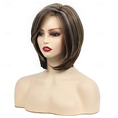 voordelige oudere pruik-pruik natuurlijk golvend asymmetrisch met pony pruik kort lichtbruin synthetisch haar dames klassiek lichtbruin korte bob pruiken met highlights natuurlijk ogende pruiken