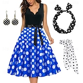 cheap Outfits-Polka Dots Retro Vintage 1950s A-Line Dress Swing Dress Flare Dress Polka Dot Women&#039;s Party / Evening Bachelorette Party Adults&#039; Dress Earrings Headband