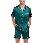 ieftine Pijamale-Bărbați Pijamale Set pijama Top și pantaloni scurți de pijama 1set Simplu Modă Stilat Clasic Casă Zilnic Pat Poliester Confort Respirabil Απαλό Rever Manșon scurt Cămașă Pantaloni Scurți Buton Talie