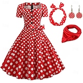 Χαμηλού Κόστους Ενδύματα-Πουά Ρετρό Vintage σαπούνια της δεκαετίας του 1950 A-Line φόρεμα Swing φόρεμα Φούσκα φίνος φόρεμα Γυναικείου Πάρτι  βραδινό Ενηλίκων φόρεμα Σκουλαρίκια Κορδέλα