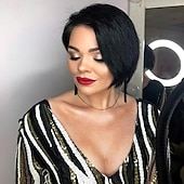 baratos Perucas capless de cabelo natural-Peruca bob cabelo humano curto corte pixie perucas para mulheres negras peruca de cabelo humano com franja peruca em camadas sem cola nenhuma peruca dianteira do laço peruca completa feita à máquina