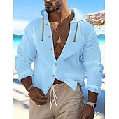 preiswerte Urlaub-Herren Hemd leinenhemd Sommerhemd Strandbekleidung Knopfhemd Glatt Urlaub Curise Schwarz Weiß Blau Khaki Langarm Mit Kapuze Frühling Sommer Bekleidung