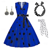 tanie stroje-damska linia a rockabilly sukienka groszki sukienka rozkloszowana sukienka rozkloszowana z zestawem akcesoriów lata 50. 60. retro vintage z opaską na głowę szyfon szalik kolczyki okulary kocie
