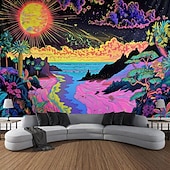 cheap Blacklight Tapestries-Blacklight Tapestry UV Reactive Glow in the Dark Glow Party Neon Mushroom Landscape Psychedelic Trippy Misty Hanging Tapestry Wall Art Mural for Living