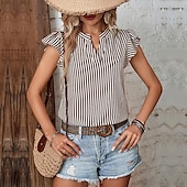 Χαμηλού Κόστους Γυναικεία Ριγέ και Γεωμετρικά Τοπ-γυναικείο πουκάμισο μπλούζα casual ριγέ βολάν στάμπα κοντό μανίκι κανονικά μπλουζάκια v λαιμό καθημερινά κόκκινο μπλε ναυτικό μπλε καφέ πράσινο καλοκαίρι