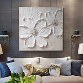 preiswerte Tiergemälde-abstraktes, dickes Ölgemälde mit weißer Blume, modern, 100 % handgefertigt, weiße Leinwand, Gemälde, Wandkunst für Wohnzimmer, rahmenloses Dekor, gespannter Rahmen, fertig zum Aufhängen oder ungerahmt