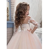 preiswerte Kleider für die Blumenmädchen-Blumenmädchenkleid Mädchen Prinzessinenkleid Kleid für die Erstkommunion Party Kleid Leistung Hochzeit Party Prinzessin Süß Gitter Feste Farbe Langarm Rundhalsausschnitt Weiß Elfenbein 2-12 Jahre