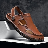baratos sandálias de exterior-Homens Sandálias Sandálias rasas Sandálias De Moda Chinelos ao ar livre sapatos feitos à mão Caminhada Casual Estilo Praia Diário Escritório e Carreira Pele Napa Tecelagem voadora Respirável