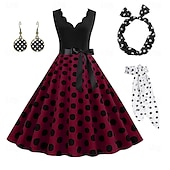 cheap Outfits-Polka Dots Retro Vintage 1950s A-Line Dress Swing Dress Flare Dress Polka Dot Women&#039;s Party / Evening Bachelorette Party Adults&#039; Dress Earrings Headband