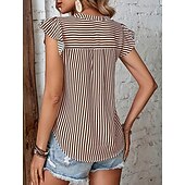 Χαμηλού Κόστους Γυναικεία Ριγέ και Γεωμετρικά Τοπ-γυναικείο πουκάμισο μπλούζα casual ριγέ βολάν στάμπα κοντό μανίκι κανονικά μπλουζάκια v λαιμό καθημερινά κόκκινο μπλε ναυτικό μπλε καφέ πράσινο καλοκαίρι