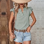 Χαμηλού Κόστους Γυναικεία Ριγέ και Γεωμετρικά Τοπ-γυναικείο πουκάμισο μπλούζα casual ριγέ βολάν στάμπα κοντό μανίκι κανονικά μπλουζάκια v λαιμό καθημερινά κόκκινο μπλε ναυτικό μπλε καφέ πράσινο καλοκαίρι