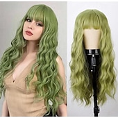 economico Parrucche trendy sintetiche-Parrucca ramata con frangia parrucche morbide e ondulate lunghe per le donne parrucca sintetica riccia sostitutiva per costumi di Halloween parrucche per feste cosplay