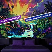 cheap Blacklight Tapestries-Blacklight Tapestry UV Reactive Glow in the Dark Glow Party Neon Mushroom Landscape Psychedelic Trippy Misty Hanging Tapestry Wall Art Mural for Living
