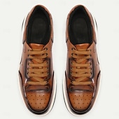 cheap Premium Leather Sneakers-Men&#039;s Dress Sneakers Leather Italian Full-Grain Cowhide Slip Resistant Lace-up Yellow-Brown