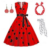tanie stroje-damska linia a rockabilly sukienka groszki sukienka rozkloszowana sukienka rozkloszowana z zestawem akcesoriów lata 50. 60. retro vintage z opaską na głowę szyfon szalik kolczyki okulary kocie
