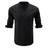 cheap Business Casual-Men&#039;s Shirt Linen Shirt Chinese Collar Shirt Mandarin Collar Shirt Popover Shirt Casual Shirt Plain Vacation Hawaiian Black White Navy Blue Green Long Sleeve Band Collar Spring &amp;  Fall Clothing