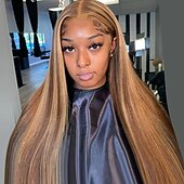 economico Parrucche lace front capelli veri-Parrucche anteriori in pizzo ombre 13x4 evidenziate diritte per le donne p4 / 27 parrucche frontali in pizzo biondo miele con capelli umani con capelli del bambino