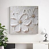 preiswerte Tiergemälde-abstraktes, dickes Ölgemälde mit weißer Blume, modern, 100 % handgefertigt, weiße Leinwand, Gemälde, Wandkunst für Wohnzimmer, rahmenloses Dekor, gespannter Rahmen, fertig zum Aufhängen oder ungerahmt