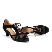 baratos Sapatos de Dança Latina-sapatos de dança de malha preta com cadarço femininos, salto baixo e sola de camurça – design elegante e aberto para apresentações de salão, latinas e festas