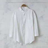 economico Casual da lavoro-Per uomo Camicia camicia di lino Camicia con colletto cinese Camicia con colletto alla coreana Maglietta informale Camicia di cotone Liscio Da mare Hawaiano Nero Bianco Verde militare Manica a 3/4 A