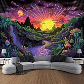 cheap Blacklight Tapestries-Blacklight Tapestry UV Reactive Glow in the Dark Glow Party Neon Mushroom Landscape Psychedelic Trippy Misty Hanging Tapestry Wall Art Mural for Living