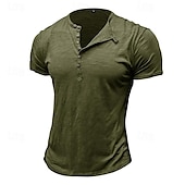 cheap Casual Henley Tee-100%Cotton Men&#039;s T Shirt Henley Shirt Tee Short Sleeve Shirt Tee Top Plain Vintage Designer Basic Button Up Henley Vacation Street Casual Daily Spring Summer Black White Light Green Henley T-Shirt