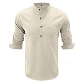 cheap Business Casual-Men&#039;s Shirt Linen Shirt Chinese Collar Shirt Mandarin Collar Shirt Popover Shirt Casual Shirt Plain Vacation Hawaiian Black White Navy Blue Green Long Sleeve Band Collar Spring &amp;  Fall Clothing