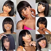 baratos Perucas capless de cabelo natural-perucas bob curto cabelo humano 8 polegadas sem cola usar e ir peruca bob com franja perucas de cabelo humano para mulheres negras cabelo humano cabelo liso brasileiro nenhuma frente de renda peruca