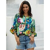 preiswerte Damen Boho Tops-Damenhemd Langarm Button-Down Bluse Alltäglich Basic Floral Knöpfe Druck Reguläre Oberteile V-Ausschnitt Lässig Urlaub Blau Grün Herbst  Winter