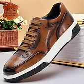 cheap Premium Leather Sneakers-Men&#039;s Dress Sneakers Leather Italian Full-Grain Cowhide Slip Resistant Lace-up Yellow-Brown