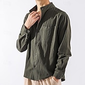 economico Casual da lavoro-Per uomo Camicia in cotone e lino Camicia con colletto cinese Camicia con colletto alla coreana Semplice Vacanza Nero Bianco Verde militare Manica Lunga Colletto alla coreana Abbigliamento Tasca