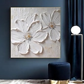 preiswerte Tiergemälde-abstraktes, dickes Ölgemälde mit weißer Blume, modern, 100 % handgefertigt, weiße Leinwand, Gemälde, Wandkunst für Wohnzimmer, rahmenloses Dekor, gespannter Rahmen, fertig zum Aufhängen oder ungerahmt
