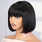 cheap Human Hair Capless Wigs-Brazilian Human Hair Wig with Bangs Remy Straight Hair Bob Wigs Full Machine Made Wig for Women 8-14Inches Glueless Bob Wig