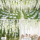 economico Striscie luci a batteria-elegante ricevimento di nozze festa 12 pezzi fiori pendenti di glicine bianco con lucine a led, ghirlanda di glicine artificiale appesa per decorazioni murali di sfondo per feste di nozze