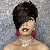 baratos Perucas capless de cabelo natural-Peruca bob cabelo humano curto corte pixie perucas para mulheres negras peruca de cabelo humano com franja peruca em camadas sem cola nenhuma peruca dianteira do laço peruca completa feita à máquina