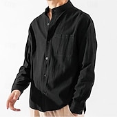 economico Casual da lavoro-Per uomo Camicia in cotone e lino Camicia con colletto cinese Camicia con colletto alla coreana Semplice Vacanza Nero Bianco Verde militare Manica Lunga Colletto alla coreana Abbigliamento Tasca