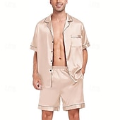 ieftine Pijamale-Bărbați Pijamale Set pijama Top și pantaloni scurți de pijama 1set Simplu Modă Stilat Clasic Casă Zilnic Pat Poliester Confort Respirabil Απαλό Rever Manșon scurt Cămașă Pantaloni Scurți Buton Talie