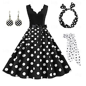 cheap Outfits-Polka Dots Retro Vintage 1950s A-Line Dress Swing Dress Flare Dress Polka Dot Women&#039;s Party / Evening Bachelorette Party Adults&#039; Dress Earrings Headband