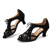 baratos Sapatos de Dança Latina-sapatos de dança de malha preta com cadarço femininos, salto baixo e sola de camurça – design elegante e aberto para apresentações de salão, latinas e festas