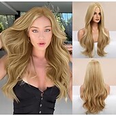 billige Syntetiske trendy parykker-svart blond mørk brun rosa parykk for kvinner lang bølget parykk midtdel parykk svart krøllet parykk syntetisk varmebestandig parykk lang parykk til daglig festbruk 26 tommer