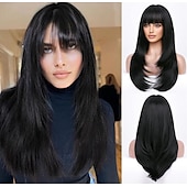 economico Parrucche trendy sintetiche-marrone marrone chiaro vino rosso nero biondo lunghe parrucche per le donne lunga parrucca riccia ondulata con la frangetta parrucca sintetica naturale per le donne capelli naturali resistente al