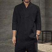 economico Casual da lavoro-Per uomo Camicia Camicia in lino e cotone Camicia in cotone bianco Maglietta informale Liscio Hawaiano Per eventi Nero Bianco Giallo Blu marino Maniche a 3/4 A V Primavera estate Abbigliamento