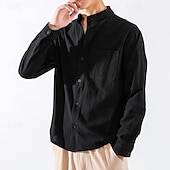 economico Casual da lavoro-Per uomo Camicia in cotone e lino Camicia con colletto cinese Camicia con colletto alla coreana Semplice Vacanza Nero Bianco Verde militare Manica Lunga Colletto alla coreana Abbigliamento Tasca