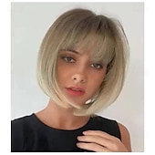 economico Parrucche trendy sintetiche-parrucca caschetto corto con frangia parrucche sintetiche diritte resistenti al calore per donna carino biondo cenere scuro mescolato con biondo 10 pollici castano chiaro nero marrone biondo chiaro