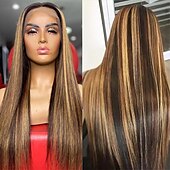 economico Parrucche lace front capelli veri-Parrucche anteriori in pizzo ombre 13x4 evidenziate diritte per le donne p4 / 27 parrucche frontali in pizzo biondo miele con capelli umani con capelli del bambino