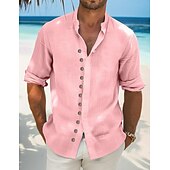economico Vacanza-Per uomo Camicia camicia di lino Camicia estiva Abbigliamento mare Maglietta informale Camicia con bottoni Liscio Da mare Curise Nero Bianco Verde chiaro Rosa Manica lunga Colletto alla coreana