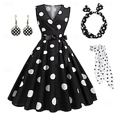 tanie stroje-damska linia a rockabilly sukienka groszki sukienka rozkloszowana sukienka rozkloszowana z zestawem akcesoriów lata 50. 60. retro vintage z opaską na głowę szyfon szalik kolczyki okulary kocie